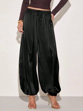 Black Satin Drawstring Harem Pants - Balloon Leg Wide Trousers